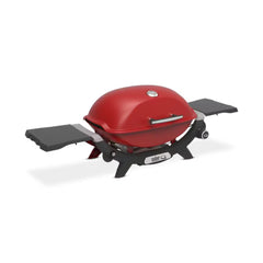 Flame Red | Weber Q (Q2200N) Premium BBQ. Angled Front View, Lid Closed, Side Tables Out. 