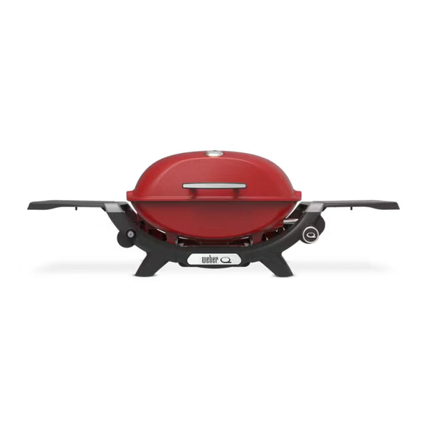 Flame Red | Weber Q (Q2200N) Premium BBQ. Front View, Lid Closed, Side Tables Out. 