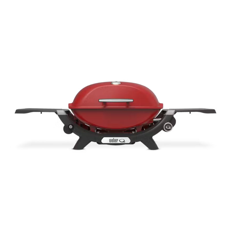 Flame Red | Weber Q (Q2200N) Premium BBQ. Front View, Lid Closed, Side Tables Out. 