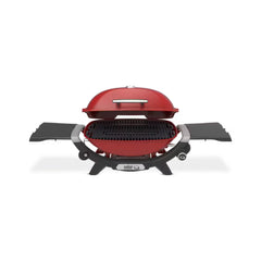 Flame Red | Weber Q (Q2200N) Premium BBQ. Front View, Lid Open, Side Tables Out. 