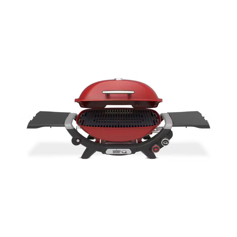 Flame Red | Weber Q (Q2800N+) Premium BBQ. Front View, Lid Open.