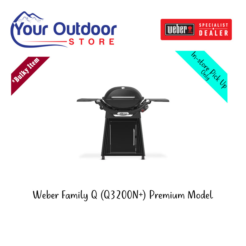 Weber Family Q (Q3200N+) Premium Model. Hero Image Showing Logos and Title.