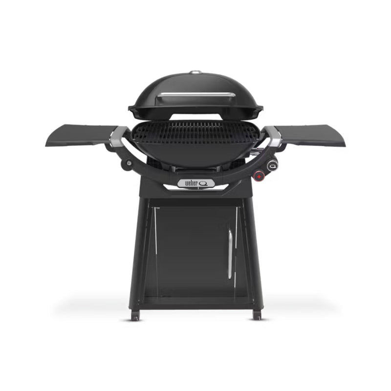 Midnight Black | Weber Family Q (Q3200N+) Premium Model. Front View On Stand Showing Lid Open. 