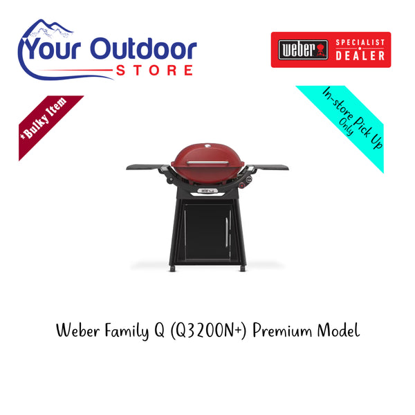 Weber Family Q (Q3200N+) Premium Model. Hero Image Showing Logos and Title. 
