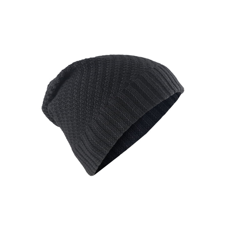 Black | 3 Peaks Slouch Wool Beanie, Angled Front View. 