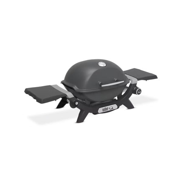 Charcoal Grey | Weber Baby Q (Q1200N) Premium. Angled Front View - Lid Closed, Side Tables Out. 