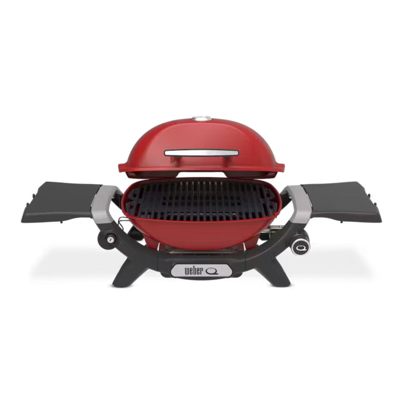 Flame Red | Weber Baby Q (1200N) Premium Barbecue. Front View With Side Tables Out - Lid Open.