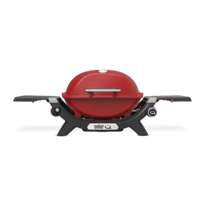Flame Red | Weber Baby Q (1200N) Premium Barbecue. Shown With Side Tables Out - Lid Closed.