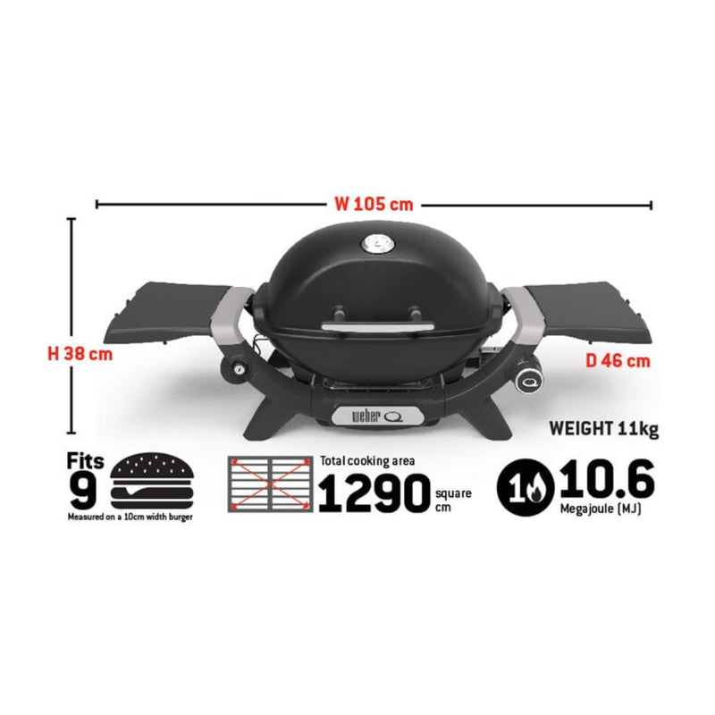 Flame Red | Weber Baby Q (1200N) Premium Barbecue. Shown With Specs.