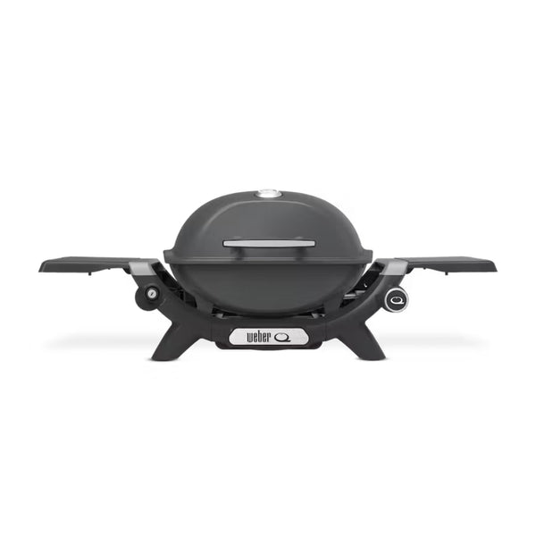 Charcoal Grey | Weber Baby Q (Q1200N) Premium. Front View - Lid Closed, Side Tables Out. 