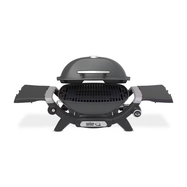 Charcoal Grey | Weber Baby Q (Q1200N) Premium. Front View - Lid Open, Side Tables Out. 