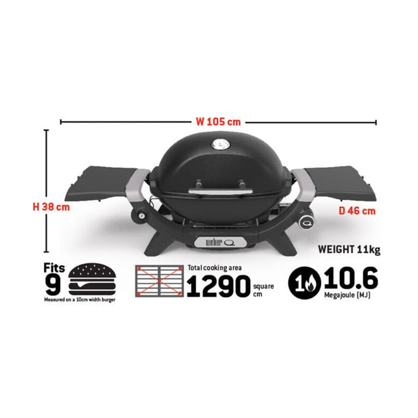 Charcoal Grey | Weber Baby Q (Q1200N) Premium. Front View - Lid Closed, Side Tables Out and Visual Specs Displayed.