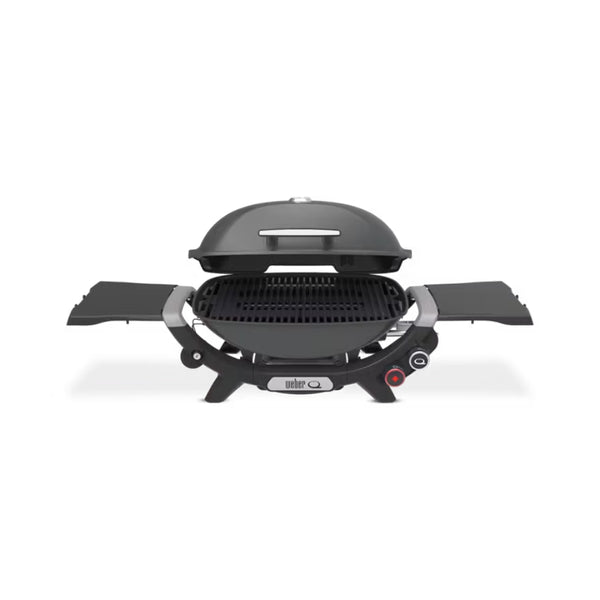 Charcoal Grey | Weber Q (Q2800N+) Premium BBQ. Front View, Lid Open.