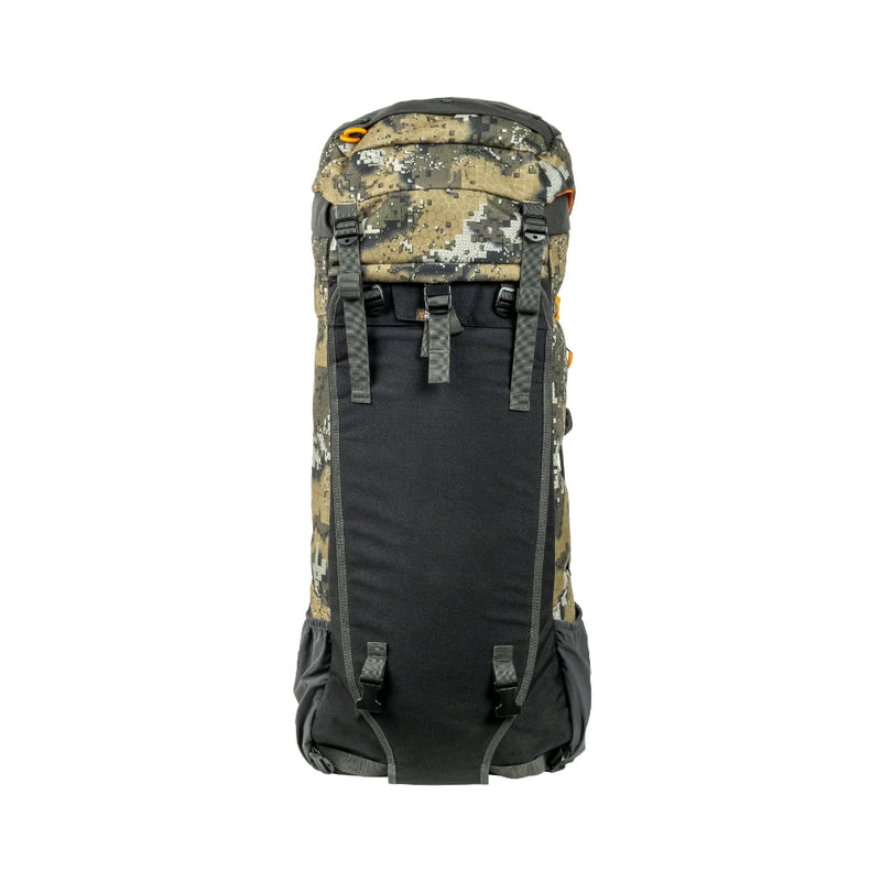 Desolve Veil Camo | Hunters Element Arete bag 75L - Back View Showing Clips for Arete Frame.. 