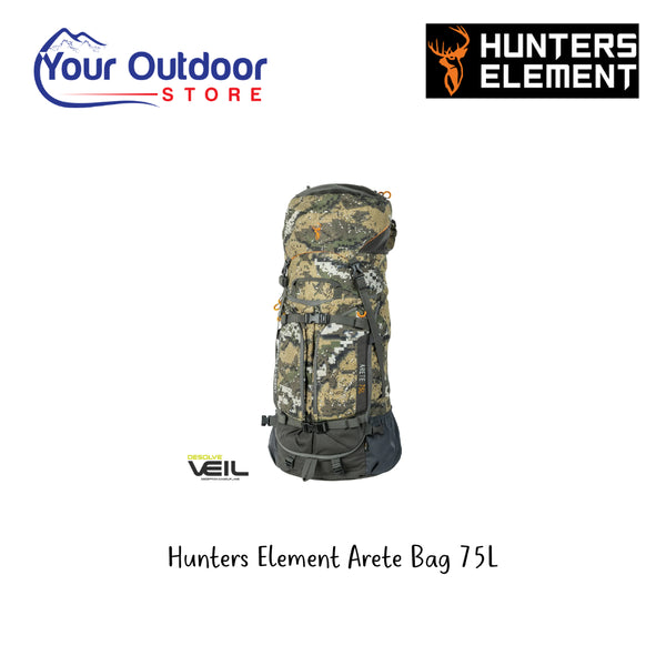 Hunters Element Arete Bag 75L. Hero Image Showing Logos and Title.