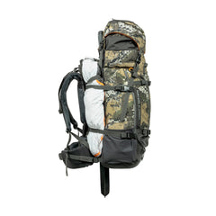 Desolve Veil Camo | Hunters Element Arete bag 75L - Side View Attached to Arete Frame.