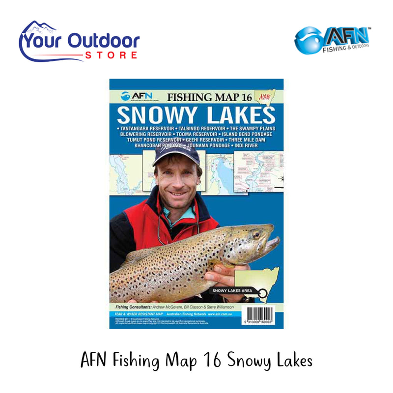 AFN Fishing Map 16 Snowy Lakes | Hero Image Showing All Logos And Titles.
