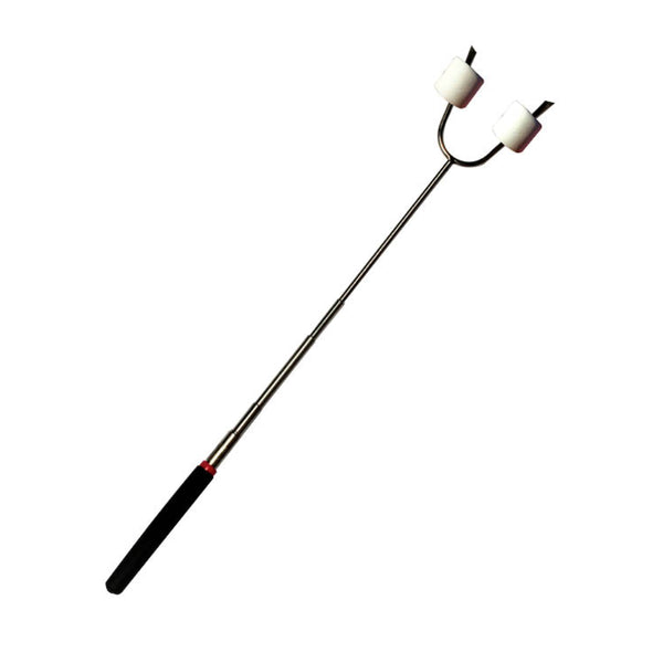 Black | AFN Telescopic Camping Fork Image Showing Fork Out Of Packaging. Extended With Marshmallows On The Prongs.