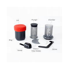 Grey | Aeropress Go Travel Coffee Press Image Showing All The Component's Of The Aeropress.