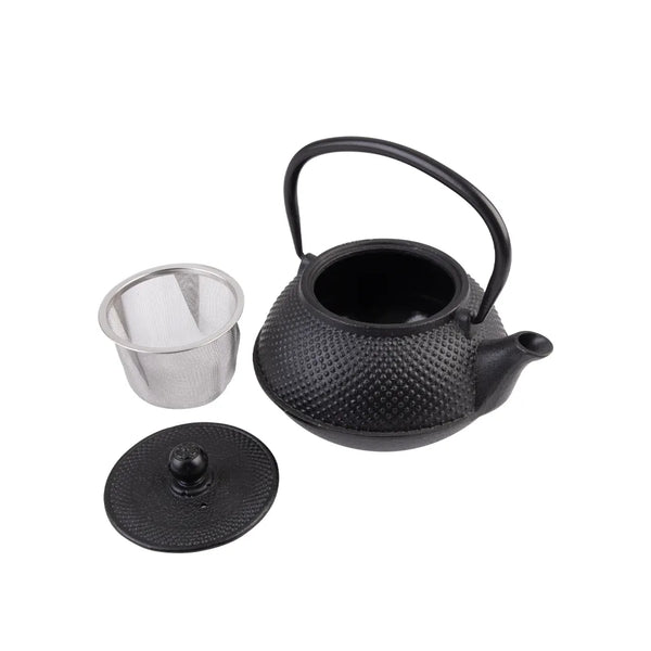 Black | Avanti Cast iron Teapot Image Showing Lid Off , And Stainer Out Of Teapot.