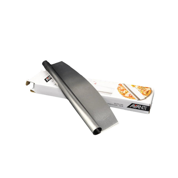 Stainless Steel | Avanti Mezzaluna Pizza Slicer Image Showing Slicer Sitting On Top Of Packaging
