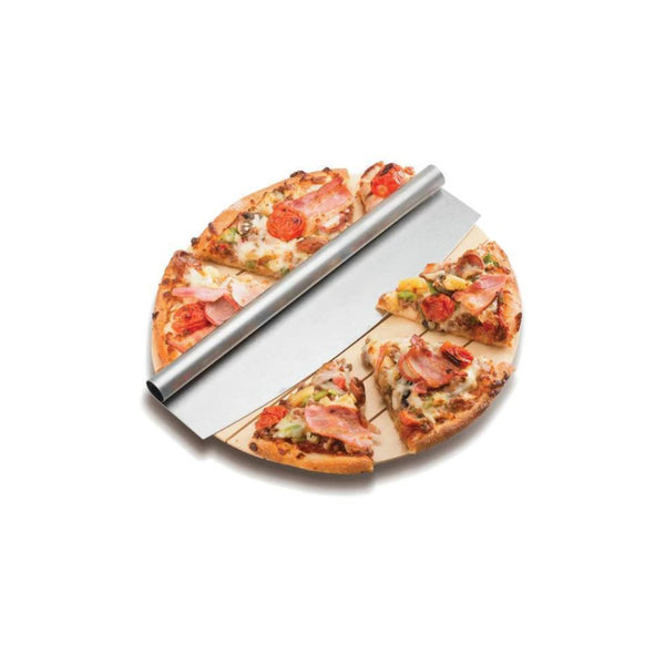 Stainless Steel | Avanti Mezzaluna Pizza Slicer Image Showing Slicer On A Cutting Board With A Cut  Pizza.
