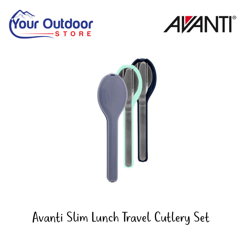 Avanti Slim Lunch Travel Cutlery Set | Hero Image Showing All Logos And Titles.