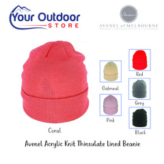 Avenel Acrylic Knit Thinsulate Lines Beanie. Hero Image Showing Variants, Logos and Title. 