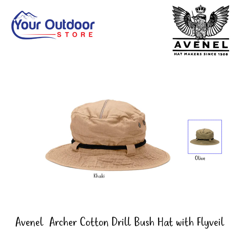Avenel Archer Cotton Drill Bush Hat With Flyveil | Hero Image Sowing All Logos, Titles And Variants.