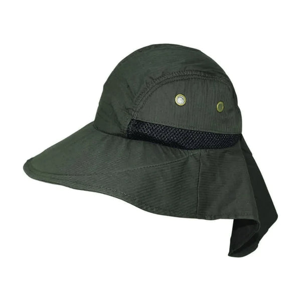 Khaki | Avenel Explore Hat with Neckflap. Side View Showing Air Vents , Brim and Neck Flap. 