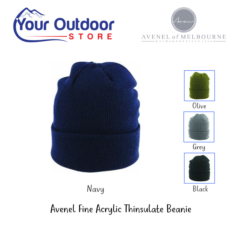 Avenel Fine Acrylic Thinsulate Beanie. Hero Image Showing, Variants, Logos and Title.
