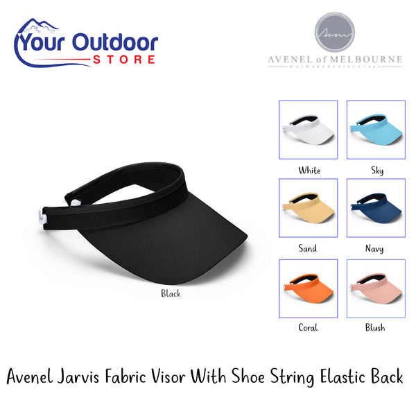 Avenel Jarvis Fabric Visor With Shoe String Back | Hero Image Showing All Logos, Titles And Variants.