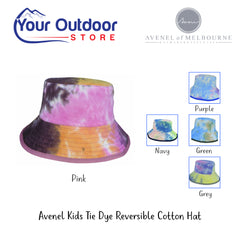 Avenel Kids Tie Dye Reversible Cotton Hat. Hero Image Showing Logos and Title. 