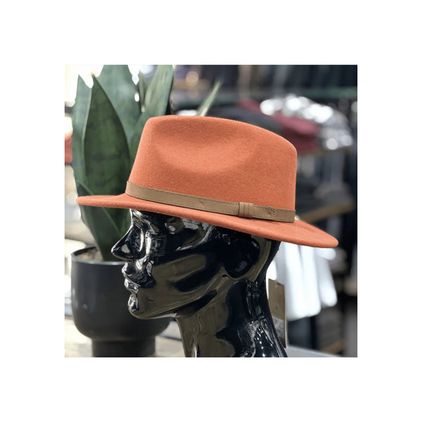 Ginger | Avenel Nolan Australian Wool Felt Fedora Image Showing Hat On A Plastic Hat Holder.