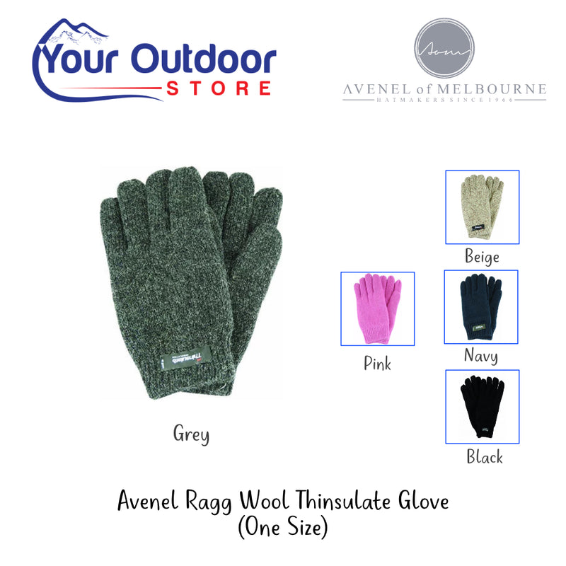 Avenel Ragg Wool Thinsulate Glove (one Size) Hero Image Showing Logos, Title and Variants. 