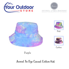 Avenel Tie Dye Casual Cotton Hat. Hero Image Showing Logos and Title. 