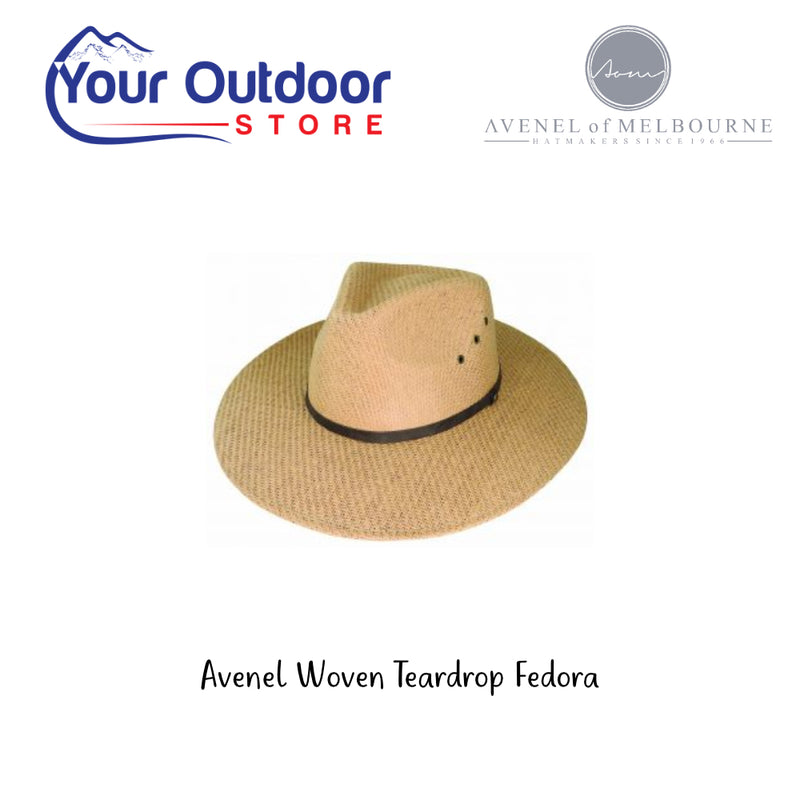 Avenel Woven Teardrop Fedora. Hero Image Showing Logos and Title. 