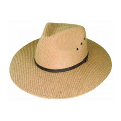 Tan | Avenel Woven Teardrop Fedora Hat. Angled Front View Showing Eyelet Airvents. 