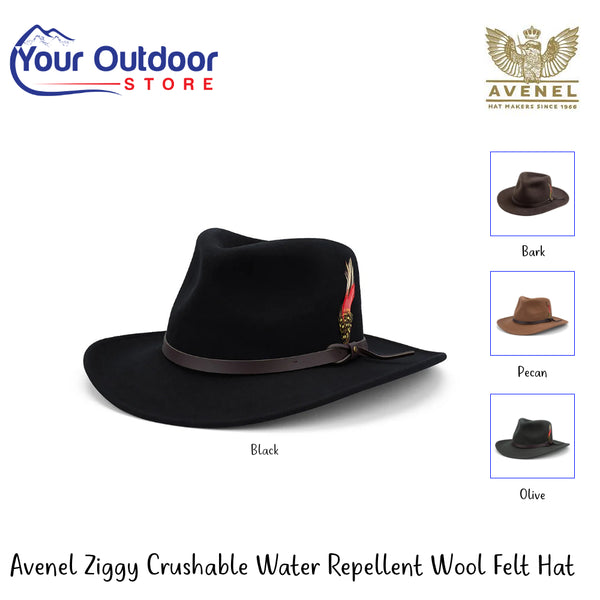 Avenel Ziggy Crushable Water Repellent Wool Felt Hat | Hero Image Showing All Logos, Titles And Variants.