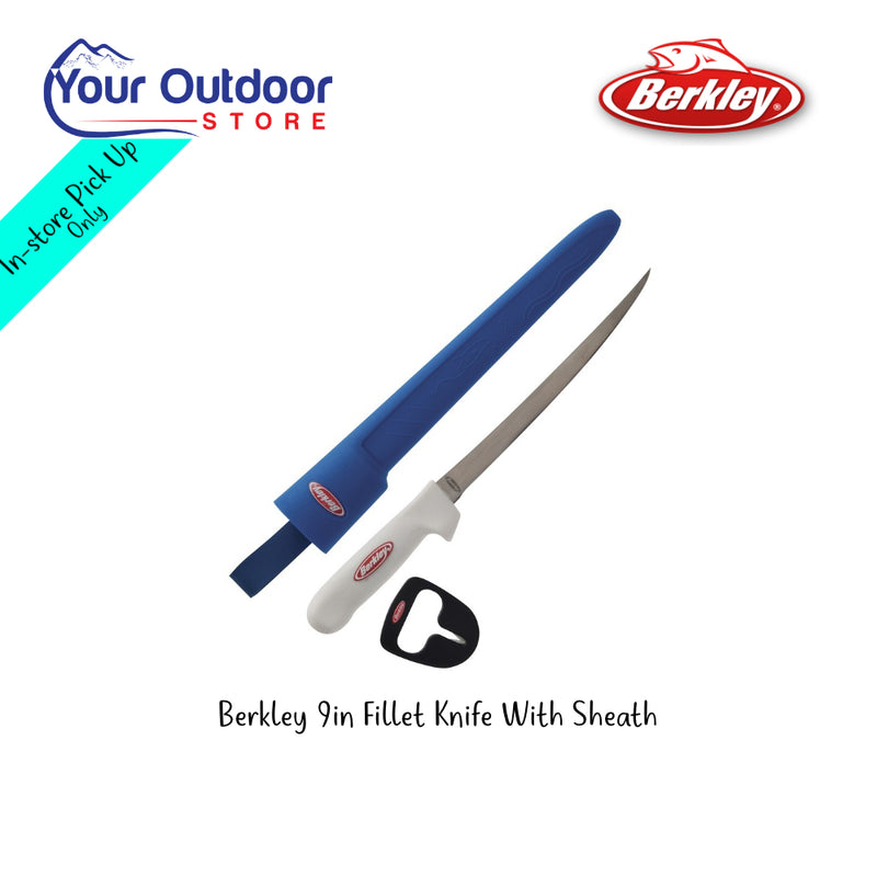 Berkley 9Inch Fillet Knife With Sheath | Hero Image Showing All Logos And Titles.