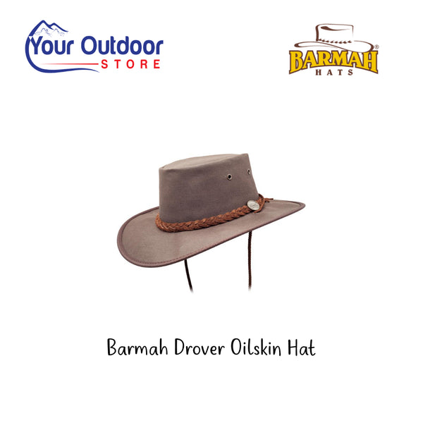 Barmah Hats Drover Oilskin Hat. Hero image with title and logos.