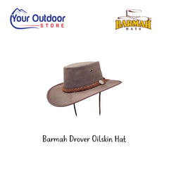 Barmah Hats Drover Oilskin Hat. Hero image with title and logos.