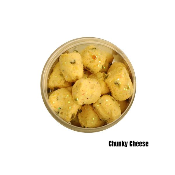 Chunky Cheese | Berkley Gulp Trout Nuggets Image Showing Top View, With The LId Off.