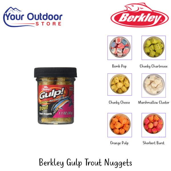 Berkley Gulp trout Nuggets | Hero Image Showing All Logos, Titles And Variants.