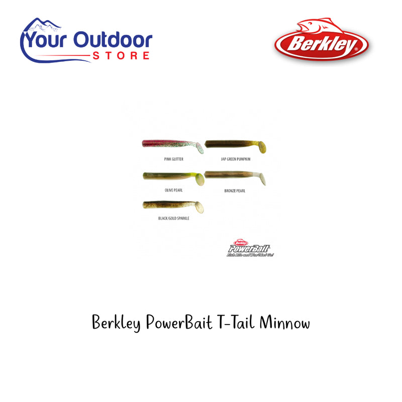 Berkley Powerbait T-Tail Minnow. Hero Image Showing Logos and Title. 