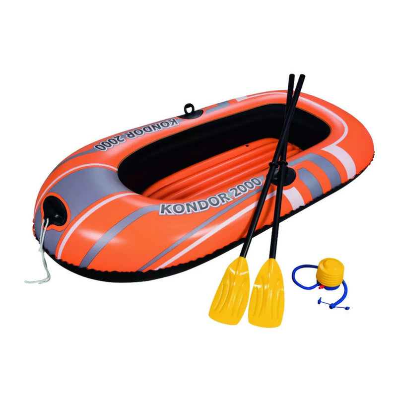 Orange | Bestway 2 Person Boat Set. Angled Front View with Oars and Foot Pump. 