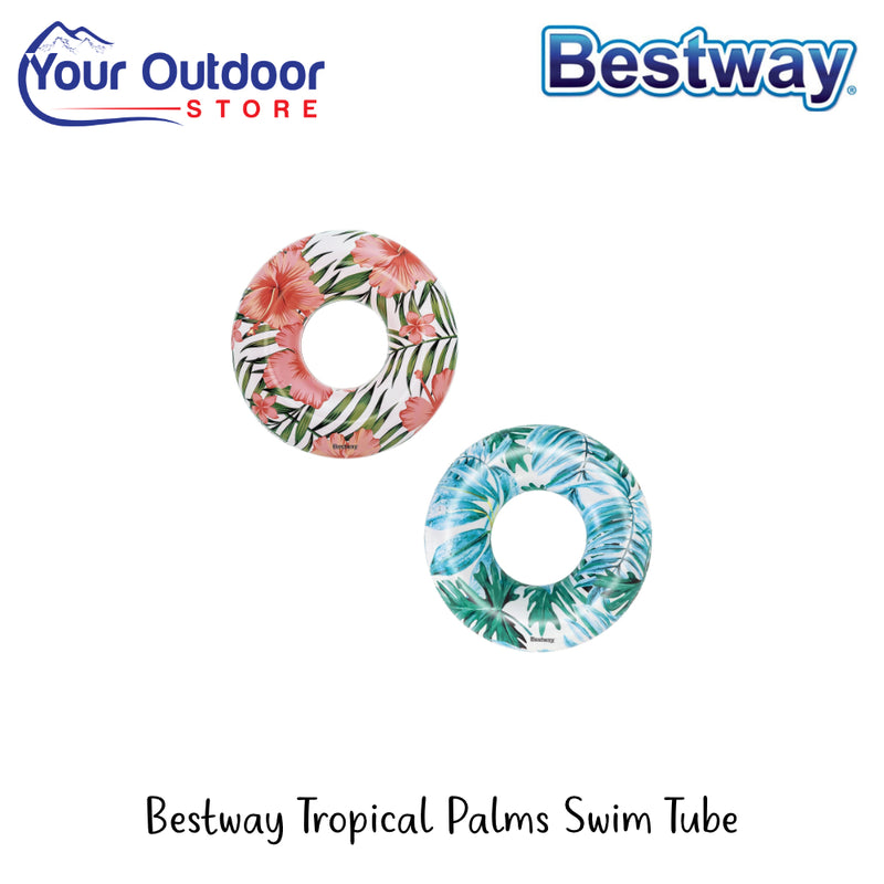 Bestway Tropical Palms Swim Tube | Hero Image Showing All Logos Ad Titles.