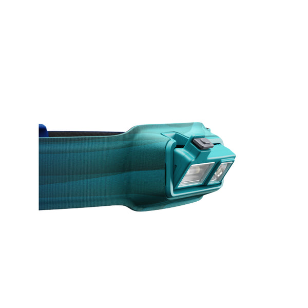 Teal / Navy | BoiLite Rechargeable 425 Lumens  Headlamp  Image Showing Close Up View Of The Front HeadLamp, Tilted Down.