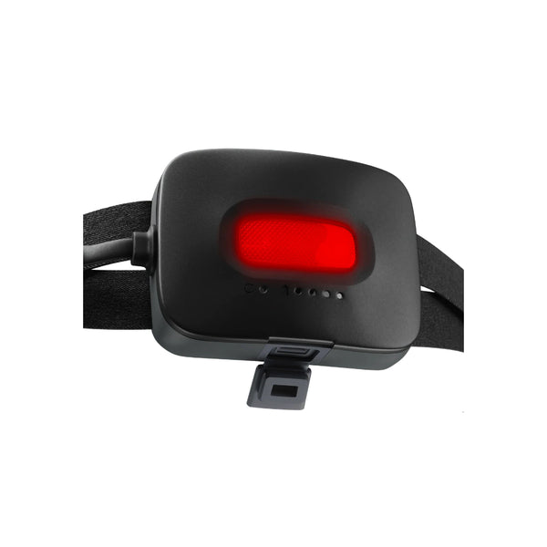 Black | BioLite Rechargeable 800 Lumens Headlamp Image Showing Close UP Of The Rear, Red LED Light On.
