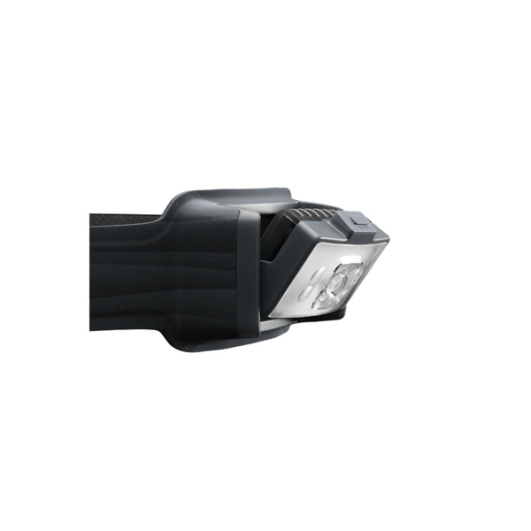Black | BioLite Rechargeable 800 Lumens Headlamp Image Showing Close Up, Side View Of The Front Light, Tilted Down.